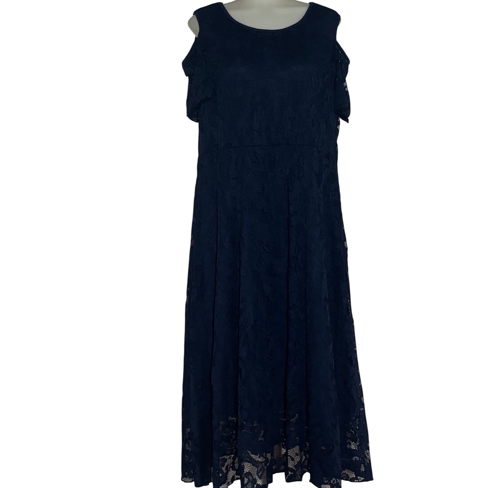 Lace Midi Dress Women 1XL Navy Blue  Cold Shoulder Ruffle NWOT‎ formal wedding